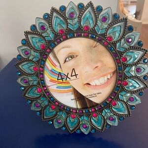 Turquoise and Pink Beaded Peacock Inspired Photo Frame